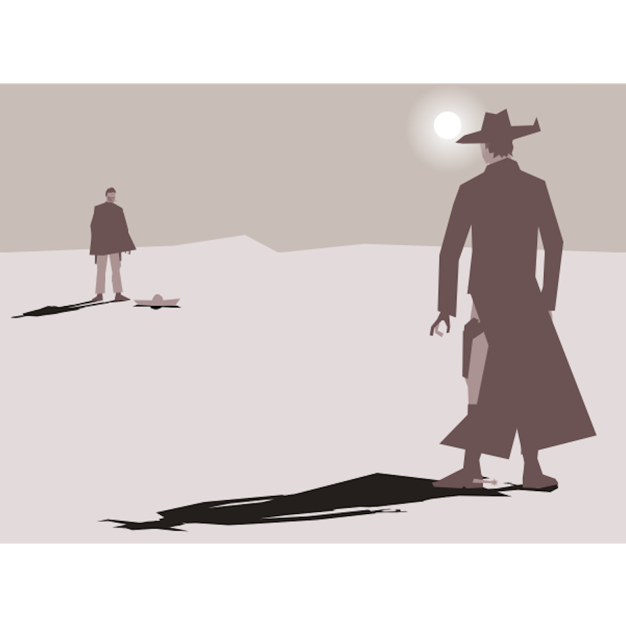 Une illustration en noir, gris et blanc de deux pistoleros, dans un face-à-face dans le désert sous le soleil de midi.